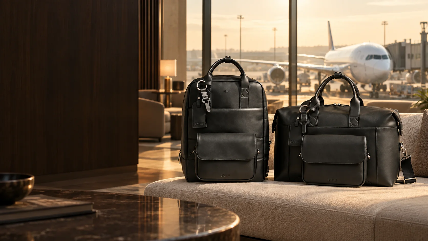 The SVOLTA bags in an exclusive airport lounge overlooking an aircraft