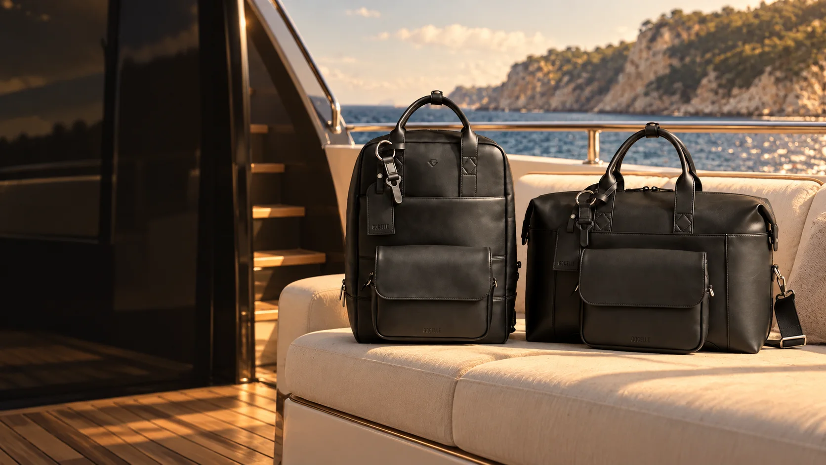 The SVOLTA bags aboard a yacht overlooking the Mediterranean